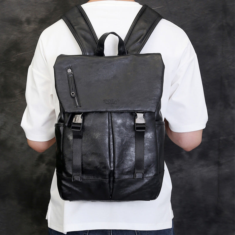Large Capacity Double Snapper Leather Backpack-men-wanahavit-black-wanahavit