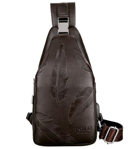 Double Pocket Feather Embossed Leather Shoulder Bag-men-wanahavit-brown-wanahavit