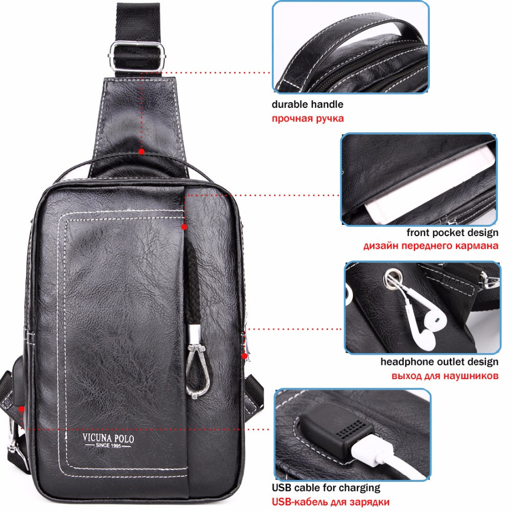 Double Pocket Leather Shoulder Bag with Charging Port-men-wanahavit-black-wanahavit