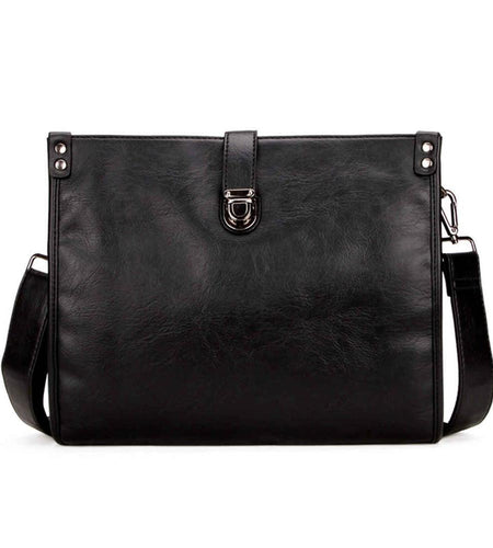 Solid Black Snap Fastened Leather Shoulder Bag-men-wanahavit-Black-wanahavit