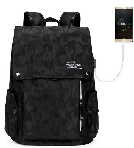 Camouflage Pattern Leather Drawstring Backpack-men-wanahavit-black with USB-wanahavit