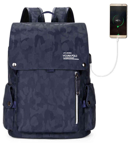 Camouflage Pattern Leather Drawstring Backpack-men-wanahavit-blue with USB-wanahavit