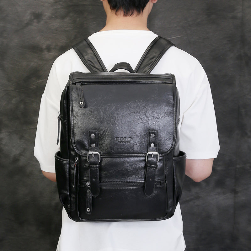 Multi Front Pocket Double Belt Leather Backpack-men-wanahavit-black-wanahavit