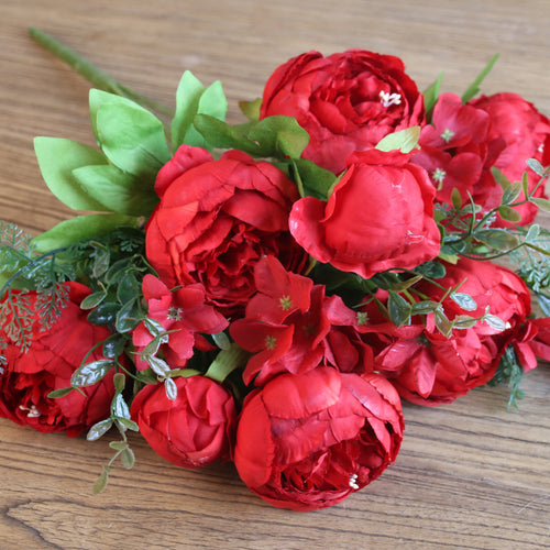 Load image into Gallery viewer, Artificial Vivid Silk Peony Flowers with Fake Leaf Bouquet-home accent-wanahavit-red-wanahavit
