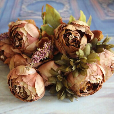 Artificial Vivid Silk Peony Flowers with Fake Leaf Bouquet-home accent-wanahavit-coffee-wanahavit