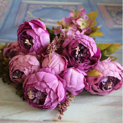 Artificial Vivid Silk Peony Flowers with Fake Leaf Bouquet-home accent-wanahavit-purple-wanahavit