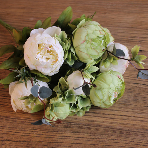 Load image into Gallery viewer, Artificial Vivid Silk Peony Flowers with Fake Leaf Bouquet-home accent-wanahavit-green-wanahavit
