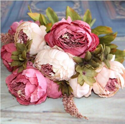 Load image into Gallery viewer, Artificial Vivid Silk Peony Flowers with Fake Leaf Bouquet-home accent-wanahavit-pink-wanahavit
