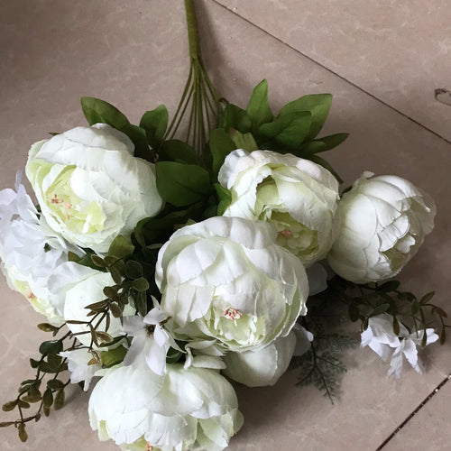 Load image into Gallery viewer, Artificial Vivid Silk Peony Flowers with Fake Leaf Bouquet-home accent-wanahavit-white green-wanahavit

