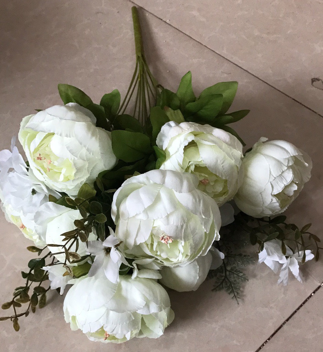 Artificial Vivid Silk Peony Flowers with Fake Leaf Bouquet-home accent-wanahavit-white green-wanahavit