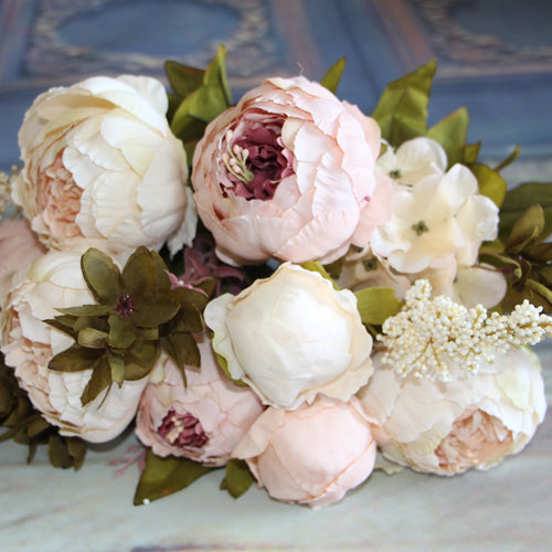 Load image into Gallery viewer, Artificial Vivid Silk Peony Flowers with Fake Leaf Bouquet-home accent-wanahavit-light pink-wanahavit
