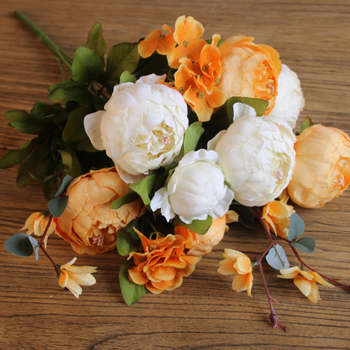 Load image into Gallery viewer, Artificial Vivid Silk Peony Flowers with Fake Leaf Bouquet-home accent-wanahavit-orange white-wanahavit
