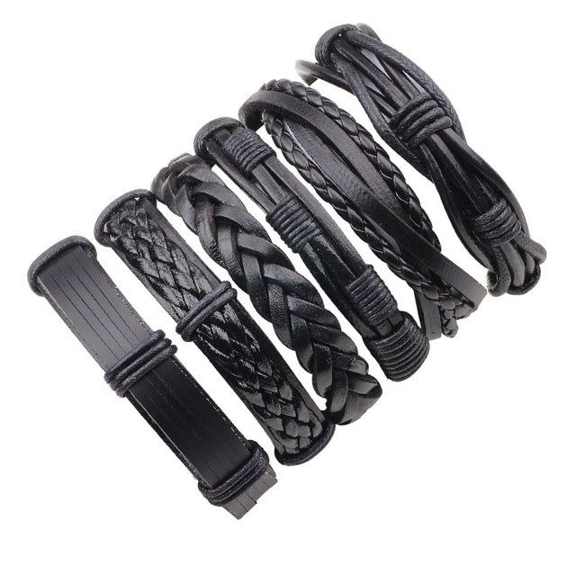 Vintage Black Leather Multilayered Braid Bracelet Set-unisex-wanahavit-A 6 pieces-wanahavit