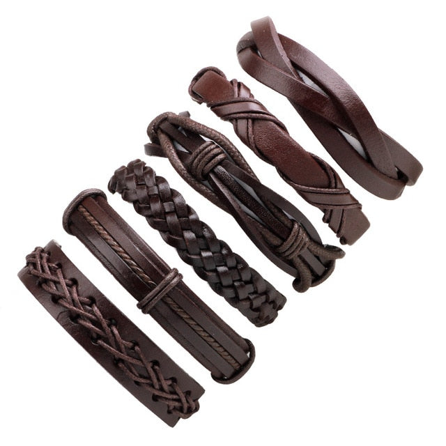 Vintage Black Leather Multilayered Braid Bracelet Set-unisex-wanahavit-E 6 pieces-wanahavit