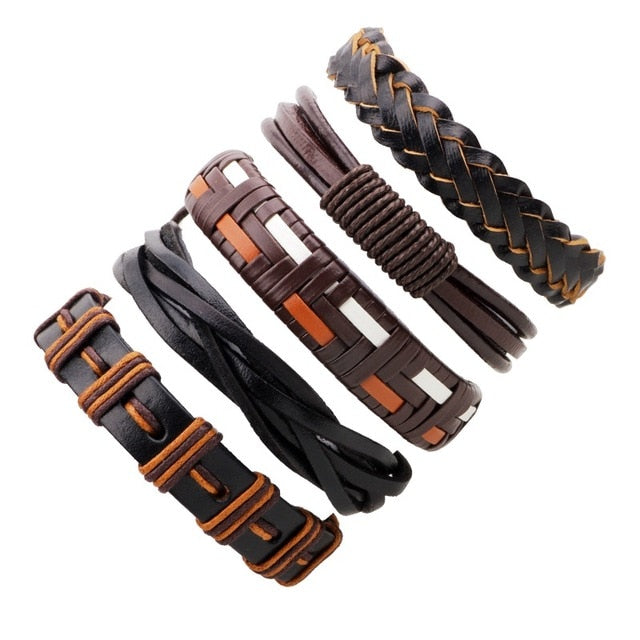 Vintage Black Leather Multilayered Braid Bracelet Set-unisex-wanahavit-C 5 pieces-wanahavit