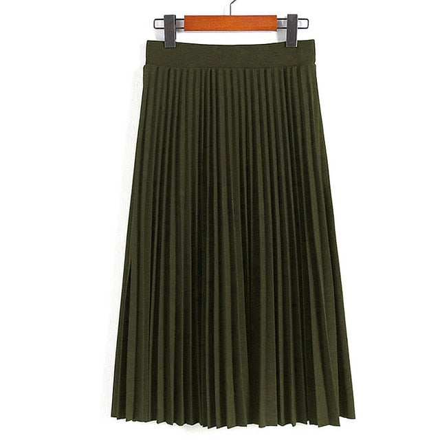 High Waist Pleated Solid Color Ankle Length Skirt-women-wanahavit-Army reen-One Size-wanahavit