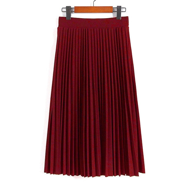 High Waist Pleated Solid Color Ankle Length Skirt-women-wanahavit-Dark Red-One Size-wanahavit