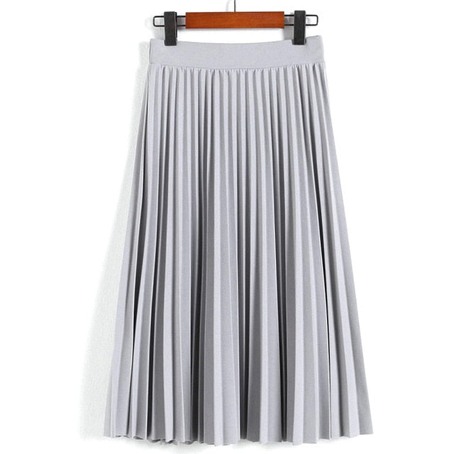 High Waist Pleated Solid Color Ankle Length Skirt-women-wanahavit-Light Grey-One Size-wanahavit