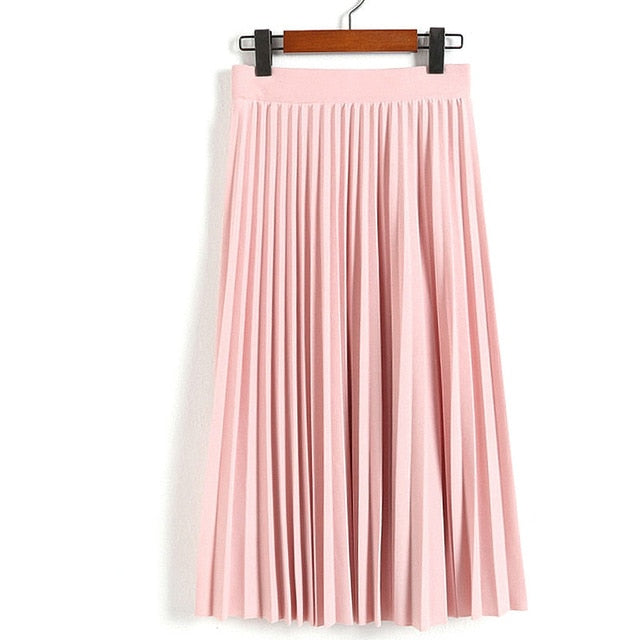 High Waist Pleated Solid Color Ankle Length Skirt-women-wanahavit-Light Pink-One Size-wanahavit