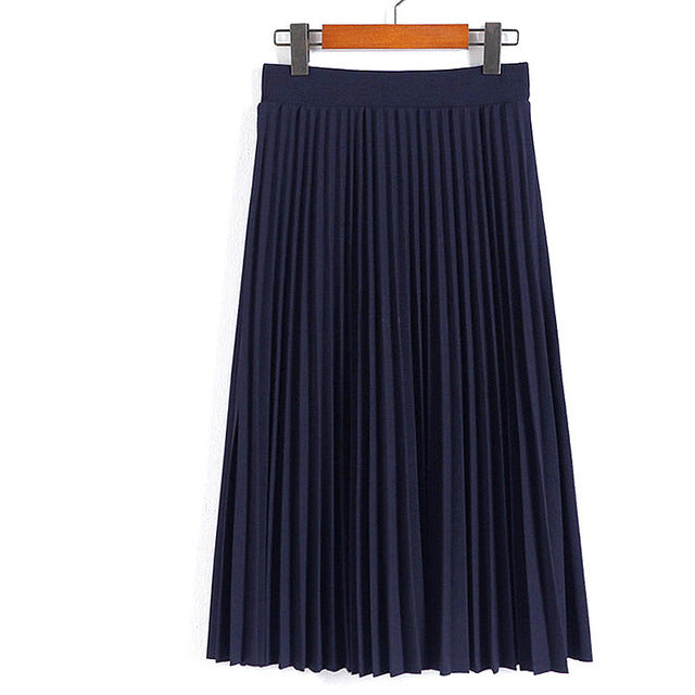 High Waist Pleated Solid Color Ankle Length Skirt-women-wanahavit-NavyBlue-One Size-wanahavit