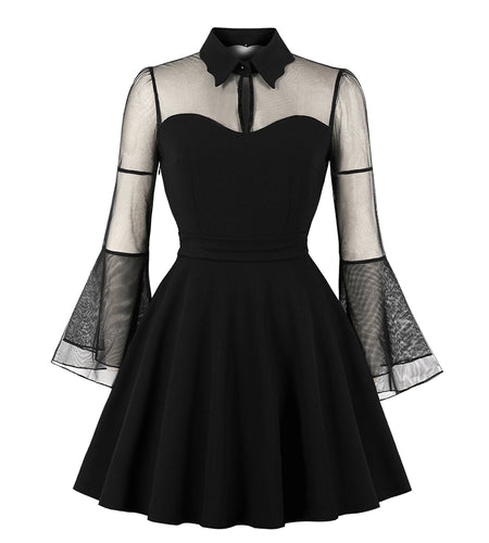Gothic Sexy Black Patchwork See-Through Mesh Flare Sleeve Draped Elegant Short Dress-women-wanahavit-Black-S-wanahavit