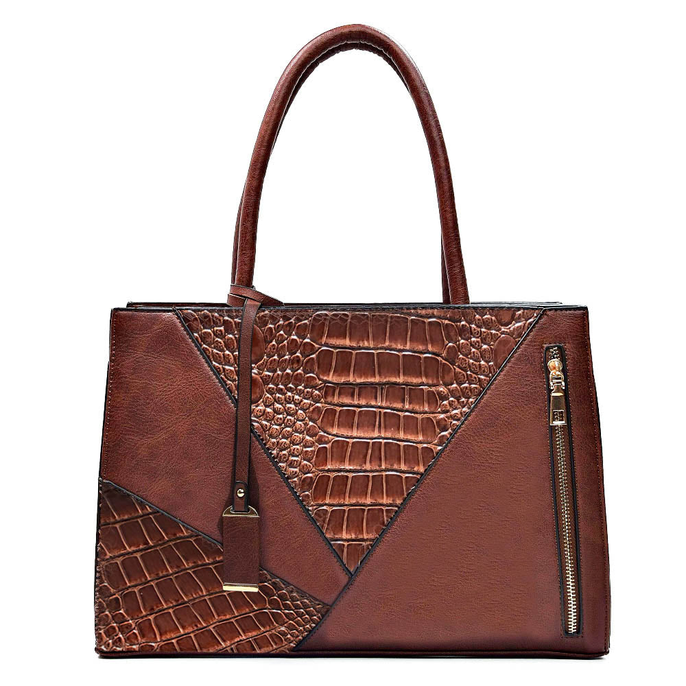 Two Color Accent Luxury Serpentine Leather Tote Bag-women-wanahavit-Brown-wanahavit
