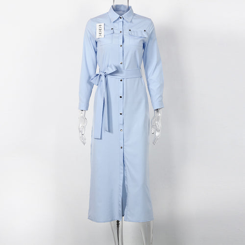 Load image into Gallery viewer, Long Sleeve Open Slit Maxi Dress-women-wanahavit-Light blue-S-wanahavit

