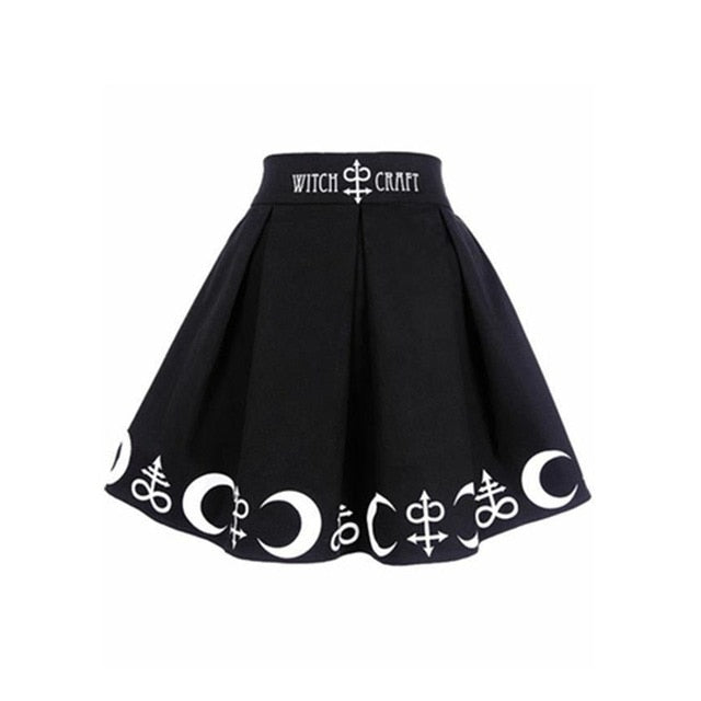 Gothic Letter & Moon Printed Pleated Mini Skirts-women-wanahavit-Black-S-wanahavit