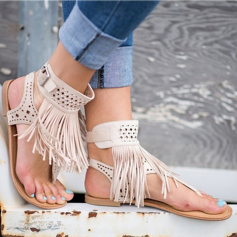 Fashion Fringe Bohemia Flats Sandal Shoes-women-wanahavit-Beige-4.5-wanahavit