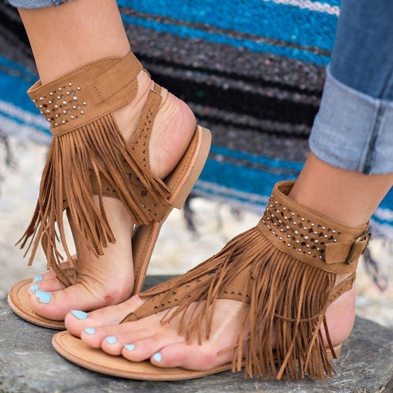 Fashion Fringe Bohemia Flats Sandal Shoes-women-wanahavit-Brown-4.5-wanahavit