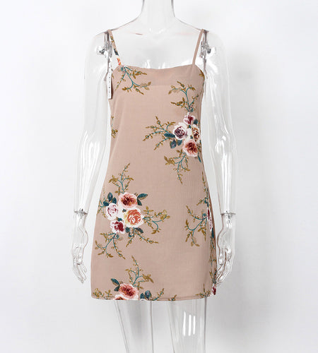 Floral Print Backless Spaghetti Strap Dress-women-wanahavit-Khaki-L-wanahavit