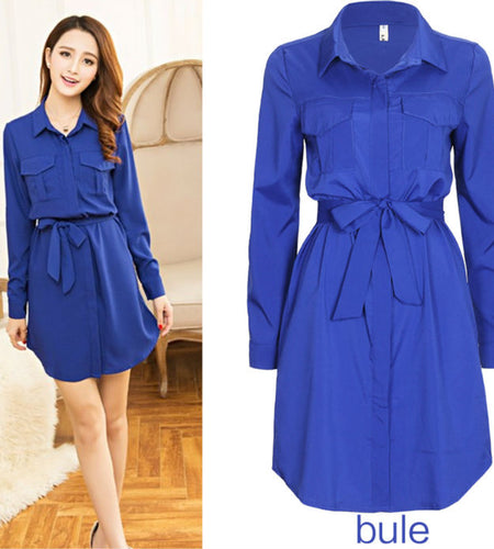 Casual Collared Chiffon Dress with Bow Knot Belt-women-wanahavit-Blue-L-wanahavit
