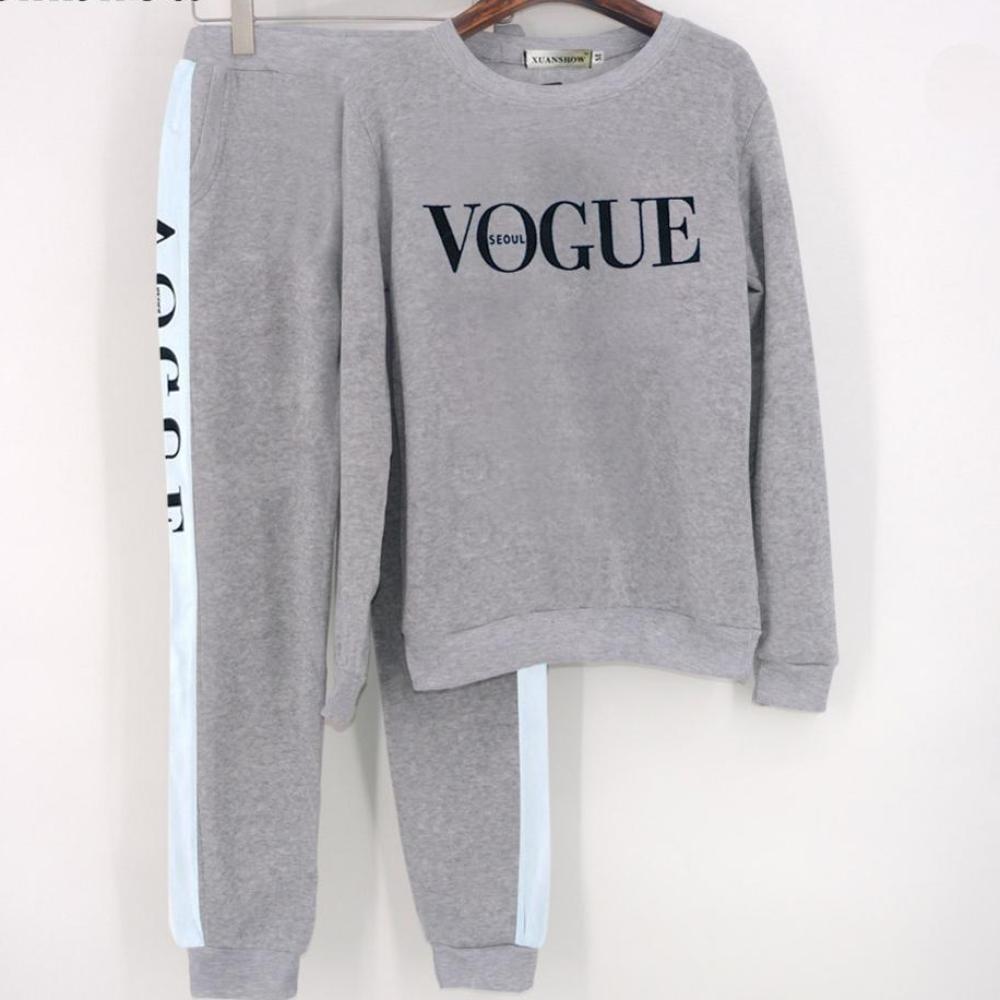 Vogue Printed Tracksuit Set Sweatshirt + Pant-women fashion & fitness-wanahavit-Gray-S-wanahavit