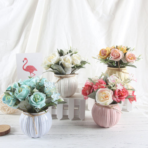 Load image into Gallery viewer, Artificial Rose Bouquet with Ceramic Flower Vase-home accent-wanahavit-pink-wanahavit
