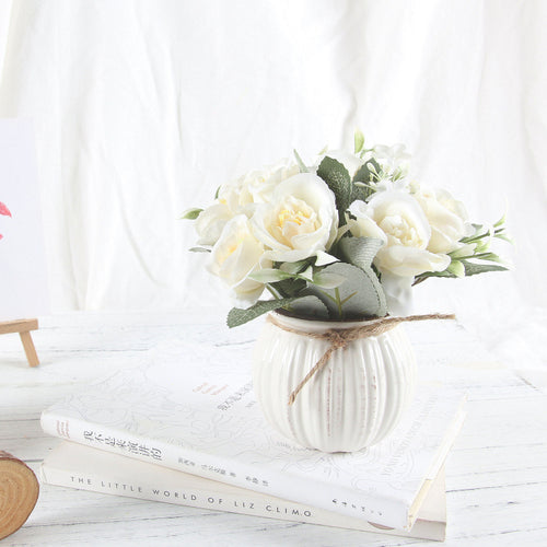 Load image into Gallery viewer, Artificial Rose Bouquet with Ceramic Flower Vase-home accent-wanahavit-white-wanahavit
