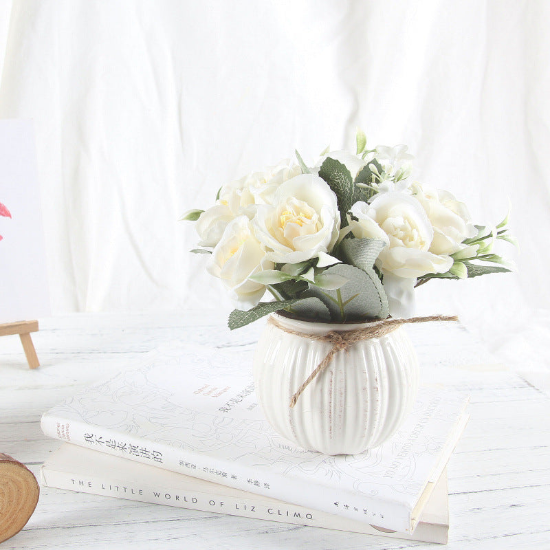 Artificial Rose Bouquet with Ceramic Flower Vase-home accent-wanahavit-white-wanahavit