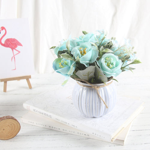 Load image into Gallery viewer, Artificial Rose Bouquet with Ceramic Flower Vase-home accent-wanahavit-blue-wanahavit
