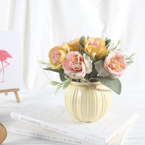 Load image into Gallery viewer, Artificial Rose Bouquet with Ceramic Flower Vase-home accent-wanahavit-yellow-wanahavit
