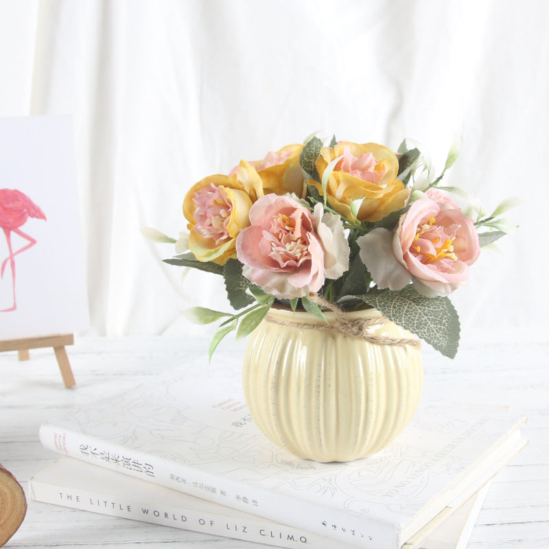 Artificial Rose Bouquet with Ceramic Flower Vase-home accent-wanahavit-yellow-wanahavit