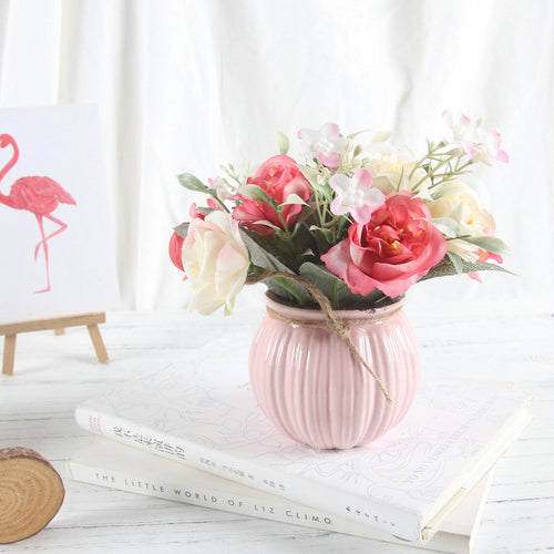 Load image into Gallery viewer, Artificial Rose Bouquet with Ceramic Flower Vase-home accent-wanahavit-pink-wanahavit
