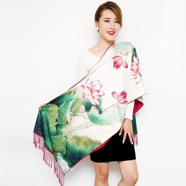 Chinese Style Flower Autumn Shawl Silk Cashmere Muffler Traditional  Fashion