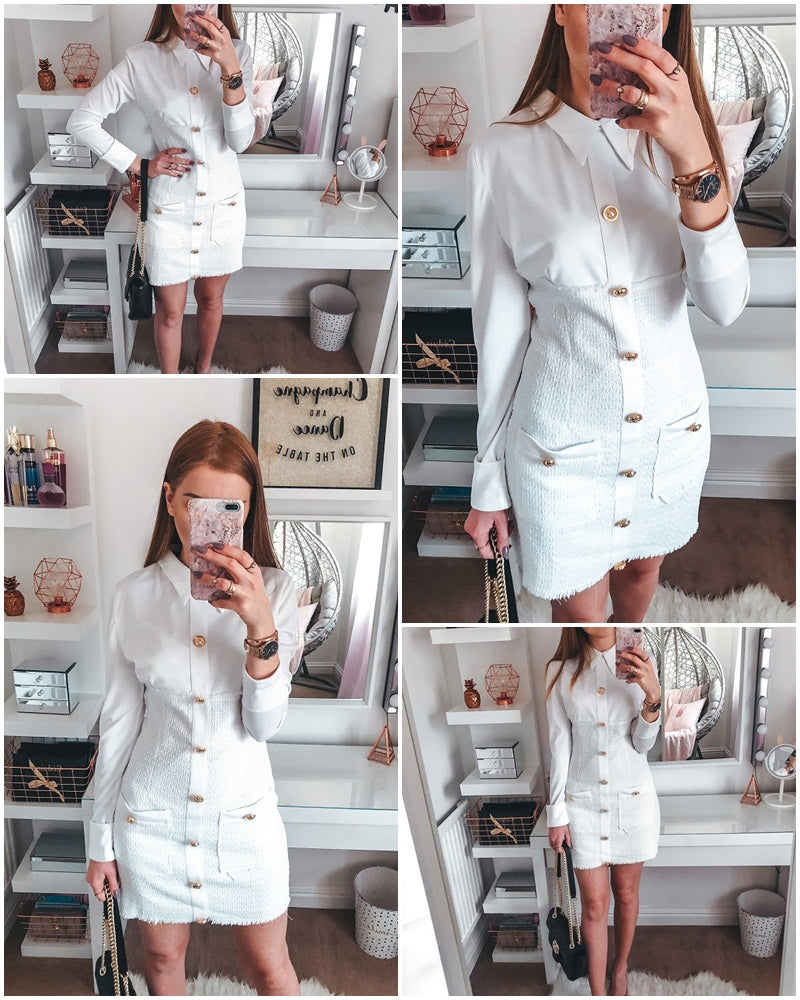 Plus Size Streetwear Patchwork Single Breasted Office Elegant Bodycon Mini Dress-women-wanahavit-White-S-wanahavit