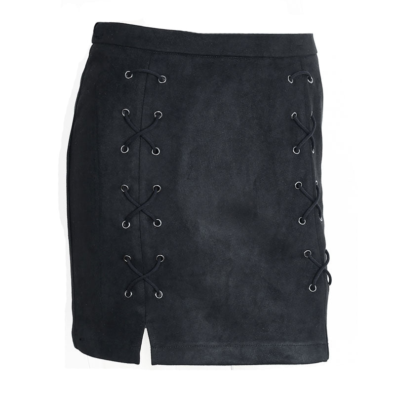 Lace Up Leather Suede Pencil Skirt-women-wanahavit-Black-S-wanahavit
