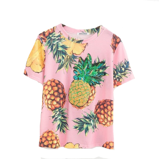 Pineapple Printed with Sequines Summer Tees-women-wanahavit-Pink-One Size-wanahavit