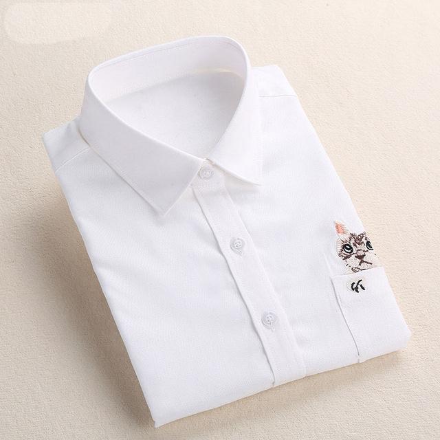 Cat Embroidery Long Sleeve Blouse-women-wanahavit-White-XXXL-wanahavit