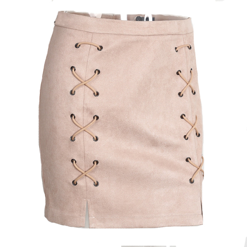Lace Up Leather Suede Pencil Skirt-women-wanahavit-Nude Pink-S-wanahavit
