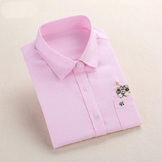 Cat Embroidery Long Sleeve Blouse-women-wanahavit-Pink-XXXL-wanahavit