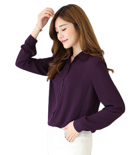 Solid Color Lapel Casual Loose Long Sleeve Shirt-women-wanahavit-Violet-S-wanahavit