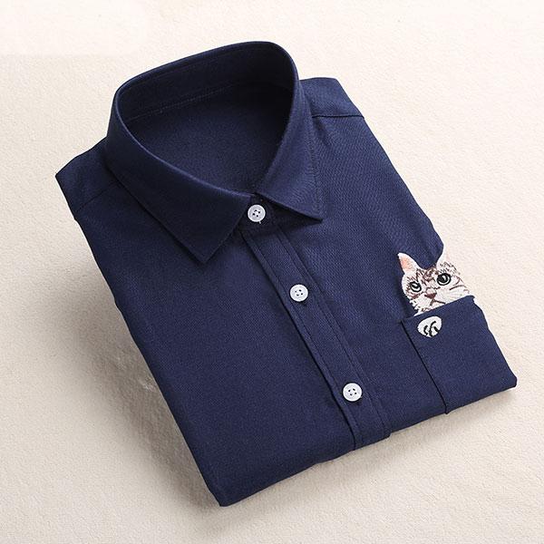 Cat Embroidery Long Sleeve Blouse-women-wanahavit-Navy Blue-XXXL-wanahavit
