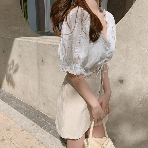 Load image into Gallery viewer, Embroidery Summer White Short sleeve Linen Cotton Mini Blouse Skirt
